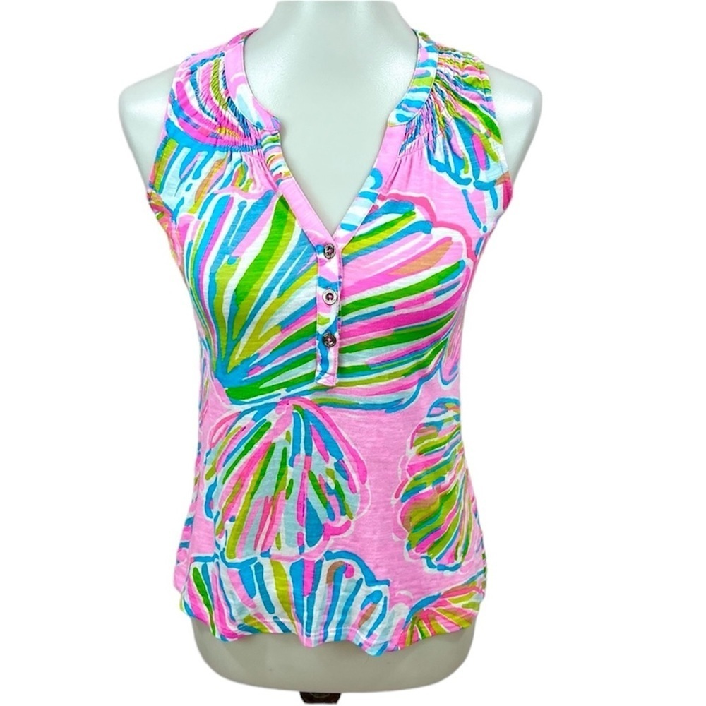 Lilly Pulitzer Essie Sea Shell Of A Party Shellabrate Smocked Neon Tank Top
